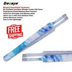 Wavy Slanted Head Eyebrow Tweezer 10.5cm Stainless Steel Blue & White - Image 3