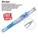 Wavy Slanted Head Eyebrow Tweezer 10.5cm Stainless Steel Blue & White - Image 4